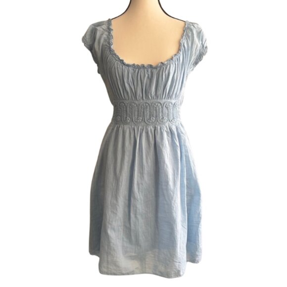 Studio M Blue Sundress with Ruched Empire Waist and Puff Sleeves - Picture 1 of 6